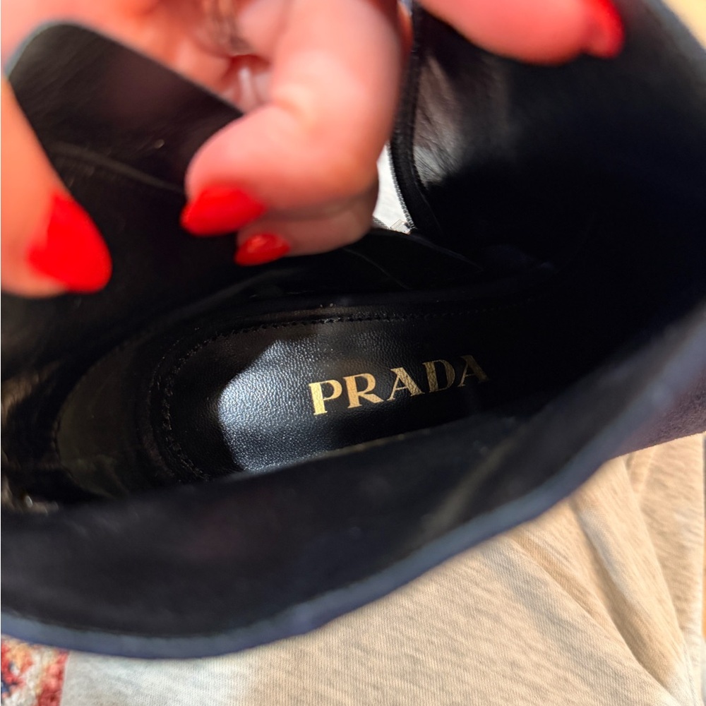Prada Navy Suede Kitten Heel Ankle Boots - Picture 4 of 8